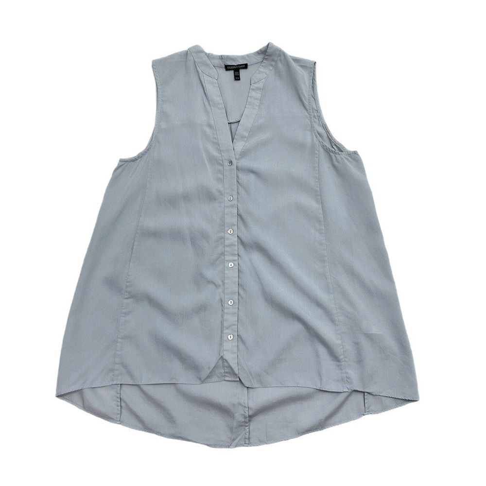 EILEEN FISHER Tunic Top Medium 100% Tencel Blue Button Up Blouse
